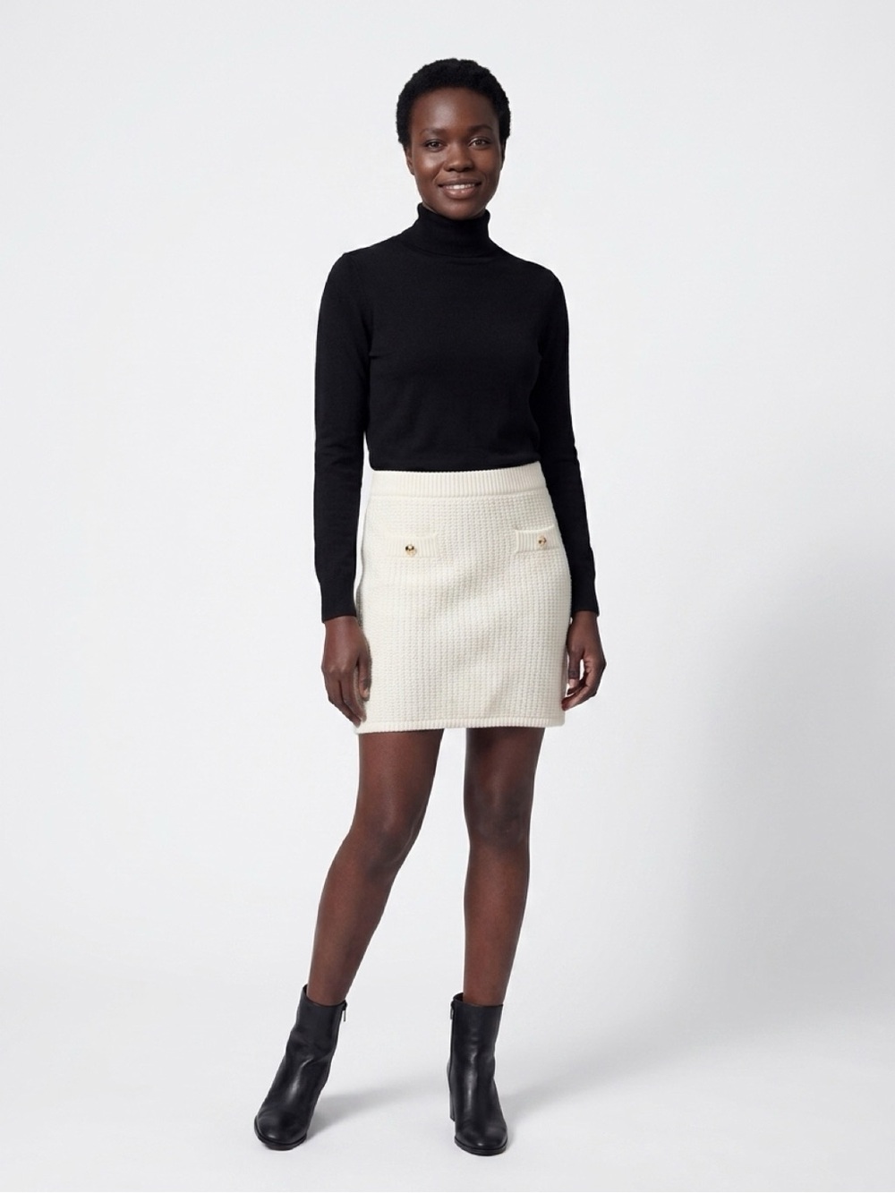 French Connection Cream Knit Mini Skirt with Decorative Buttons NWT